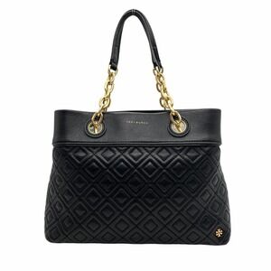 Tory Burch Black Quilted Leather Tote with Gold Chain Handles